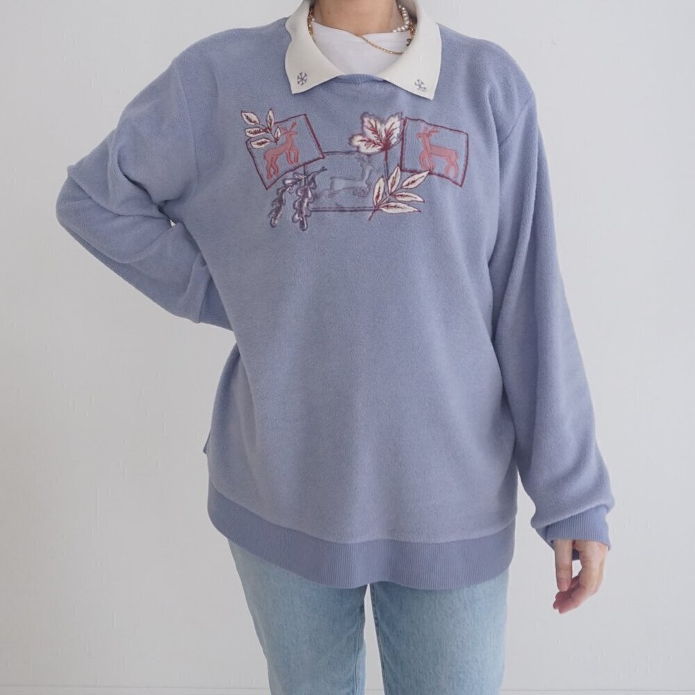 Vintage Tanjay Blue Embroidered Deer Floral Collared Crewneck Sweater Xl